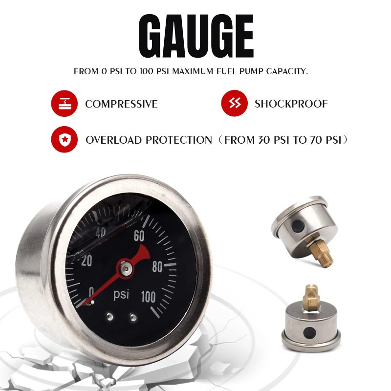 YESHMA EFI Fuel Pressure Regulator Kit 0-100psi with Gauge 6AN Fuel Line Fitting Universal Adjustable Aluminum (Black) - Image 3